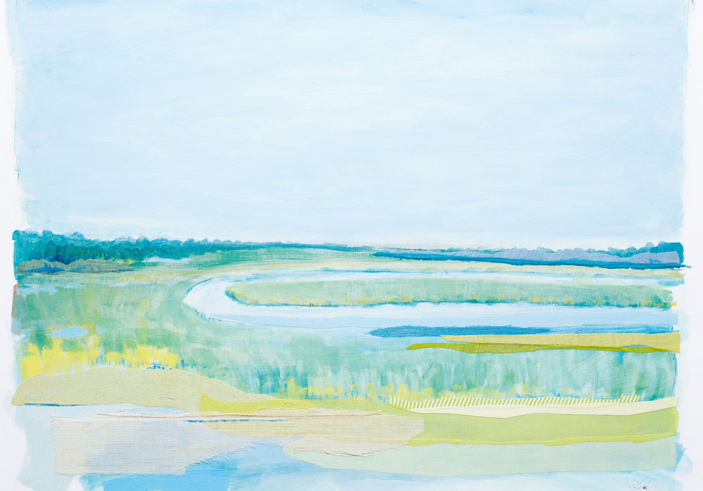 Return to Kiawah by Karin Olah (2015; fabric, gouache, acrylic, pastel, and pencil on linen, 30 x 36 inches)