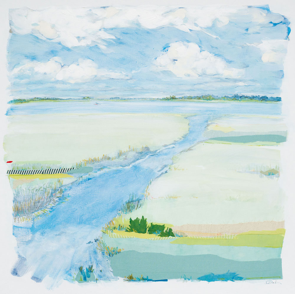 Tidal Creek by Karin Olah (2015; fabric, gouache, acrylic, pastel, and pencil on linen;  36 x 36 inches)