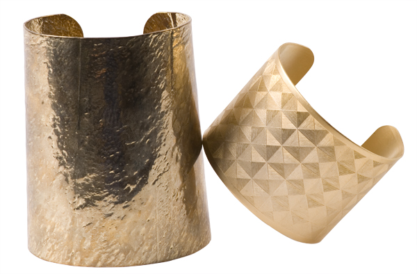 Large hammered plated gold cuff and medium plated gold cuff with pyramid design by Whitley V, $45 &amp; $40 at Copper Penny