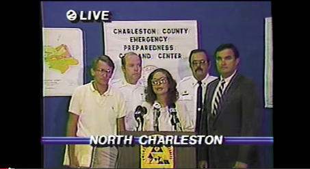 During a press conference the night before Hugo landed, Charleston County Council chair Linda Lombard (pictured at center)—who continuously repeated the directive “Leave! Leave now!”—informed residents that Charleston County was under a state of emergency and that Hugo would arrive earlier than first predicted. Mayor Riley (pictured far left) said, “There will be more flooding as a result of this storm than any Charlestonian has ever experienced...take this remaining window of  opportunity to evacuate.”