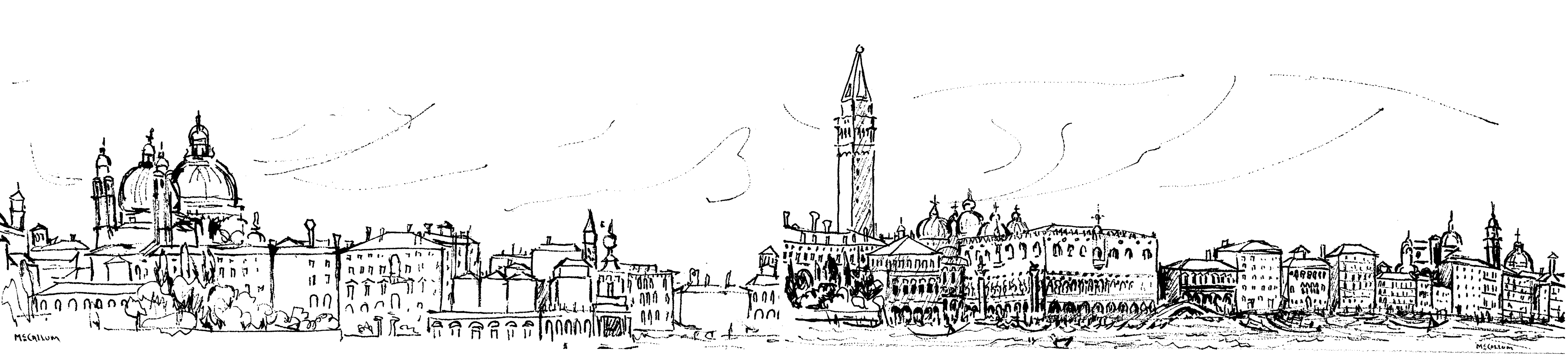 A circa-1968 sketch with note, “Looking across at Venice from a balcony on Giudecca Island” from A Travel Sketchbook, published in 1971