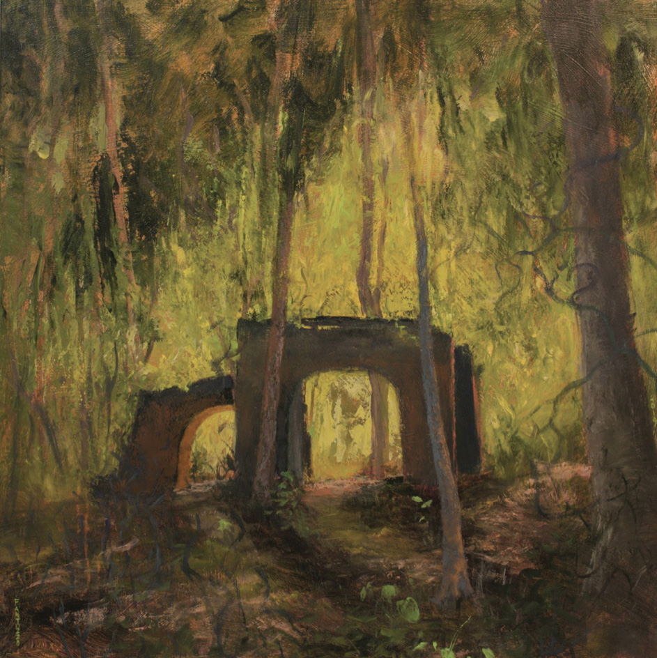 El Dorado (acrylic on canvas, 40 x 40 inches, 2019) was based on a plantation ruin near McClellanville.
