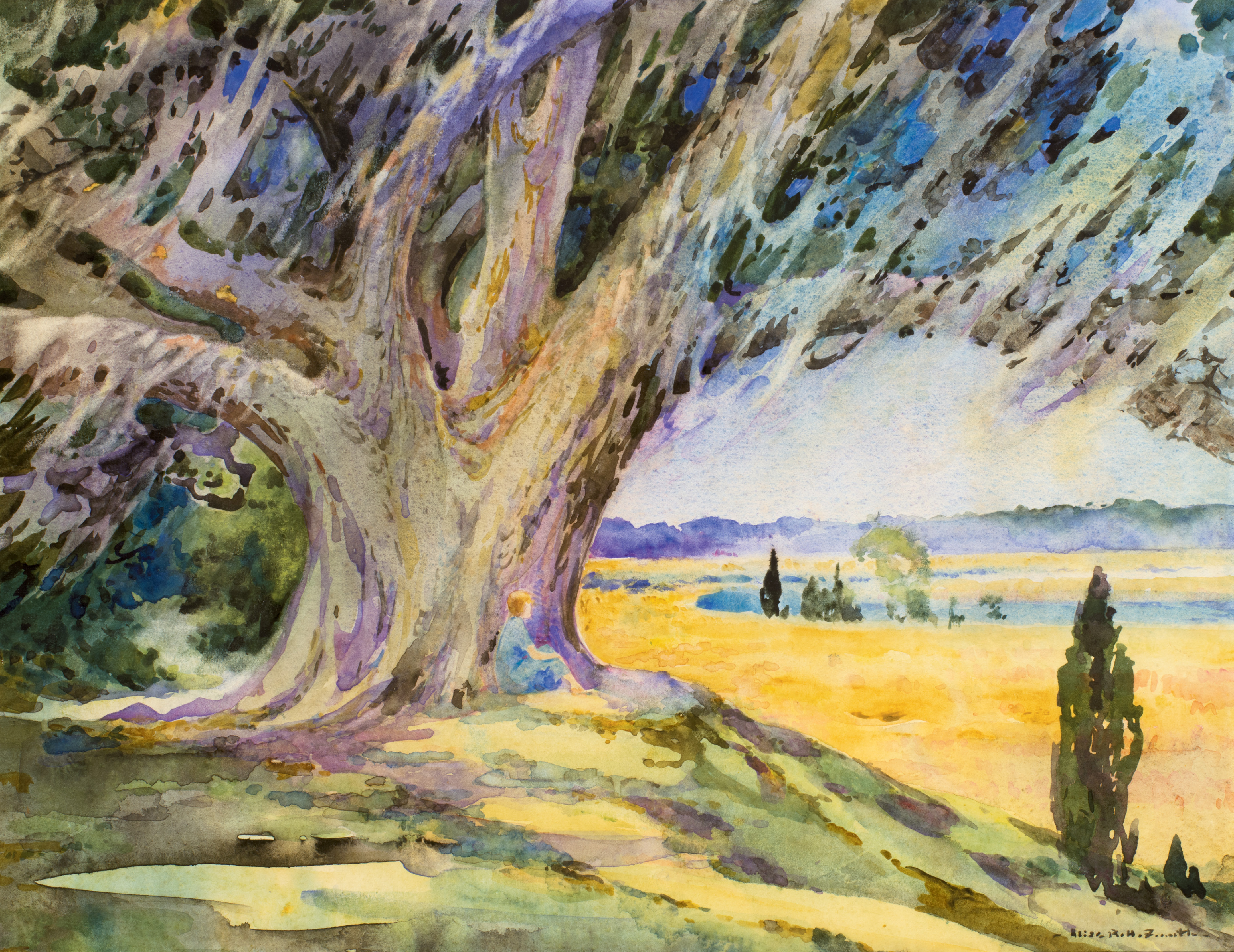 Middleton Oak and Rice Field with Miss Josephine Smith	(watercolor, 1924, courtesy of Charles H. P. Duell)