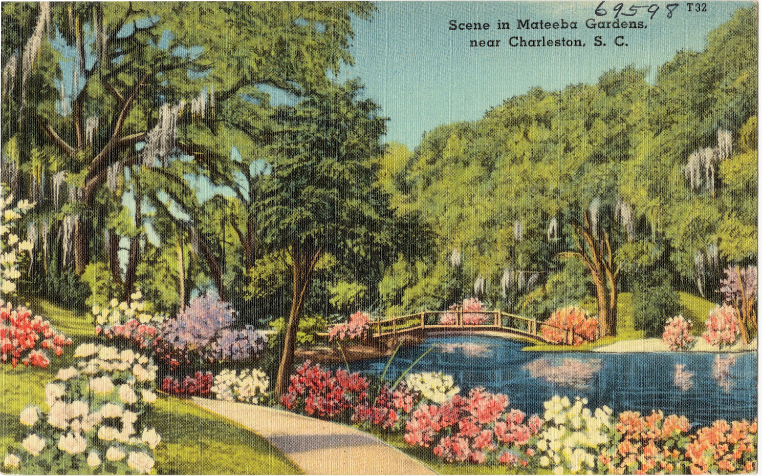 Scene in Mateeba Gardens: “Mateeba Gardens are built on the estate of Lord Baron Ashley, granted in the year 1675. Visitors claim them ‘A Fairyland on Earth.’” Located just up the Ashley River from Middleton Place, the Wragg Plantation gardens were “open to the public from the mid-1940s until they were severely damaged by an ice storm about 1965,” according to the website, South Carolina Plantations