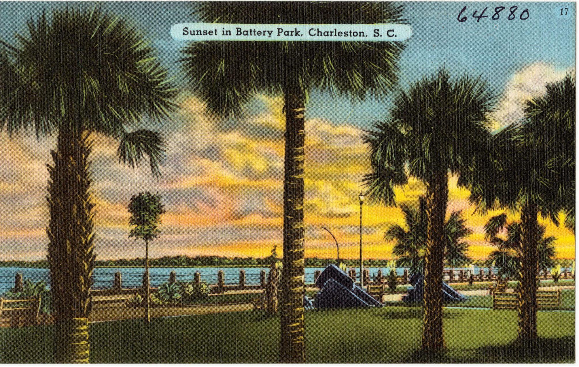 Sunset in Battery Park: “Charleston was founded in 1670. It is a city rich in romance, tradition, and beauty. The famous High Battery is a delightful summer boulevard, park, and promenade along the city’s waterfront. This is a particularly beautiful scene of the silhouetted palms and sunset.”