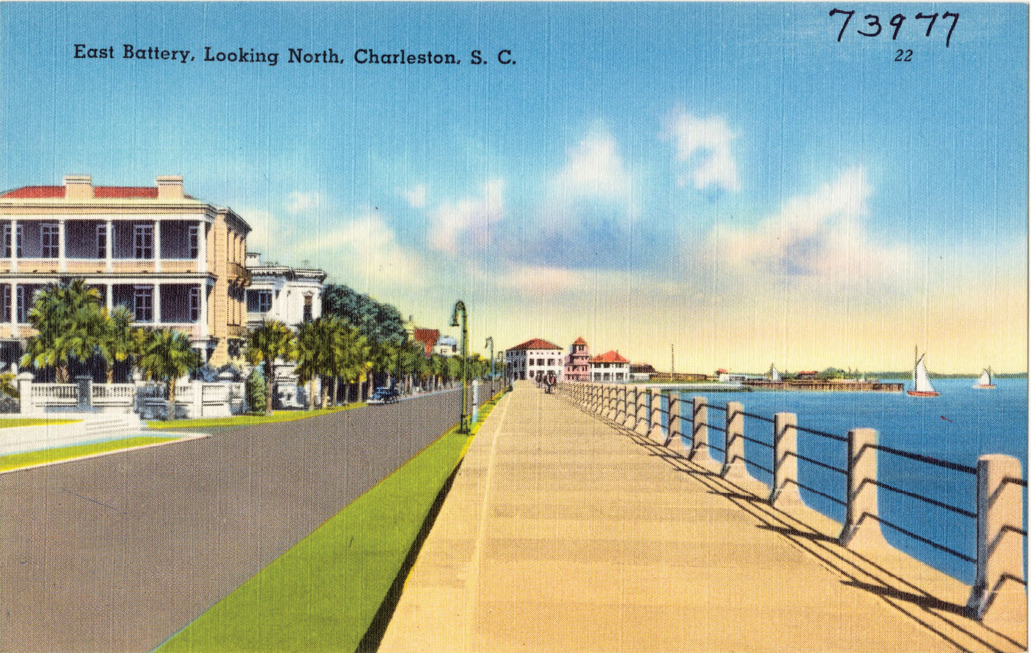 East Battery, Looking North: “The Battery is a beautiful drive along a 1,500-foot seawall. It overlooks Charleston Harbor, offering a marvelous view of the historic harbor fortifications, and beyond the Atlantic Ocean.”