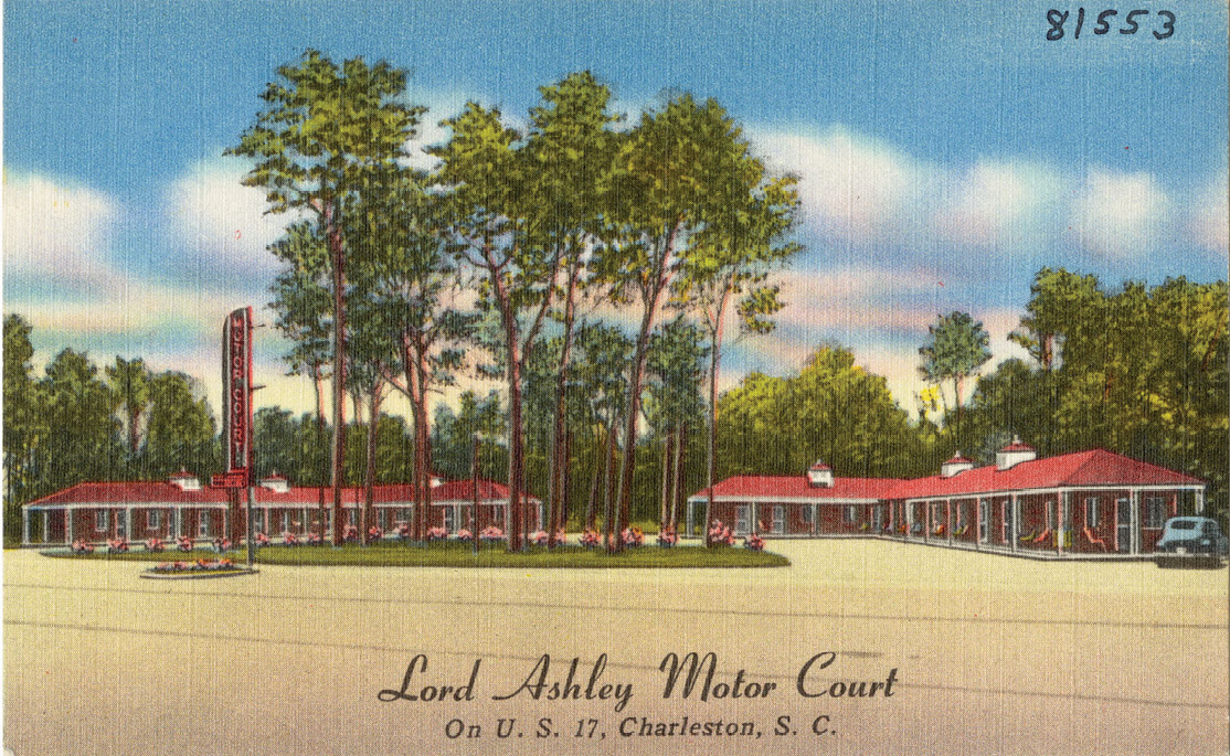 Lord Ashley Motor Court: “Winter and summer air conditioned, Tile Baths Beautyrest and Airfoam mattresses. Located two miles south of Charleston” on Highway 17.