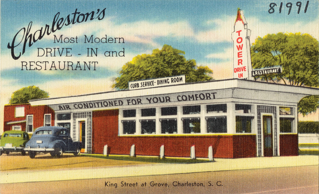 Tower Drive-in &amp; Restaurant: “Every week hundreds of Charlestonians, as well as visitors to the city, enjoy the wonderful food, mouth-watering desserts, and soda fountain favorites served at ‘The Tower,’ located on King Street at Grove. ‘The Tower’ is famous not only for its curb service, but also for the restful atmosphere of its cozy dining room. A trip to ‘The Tower’ is an experience you’ll long remember.”