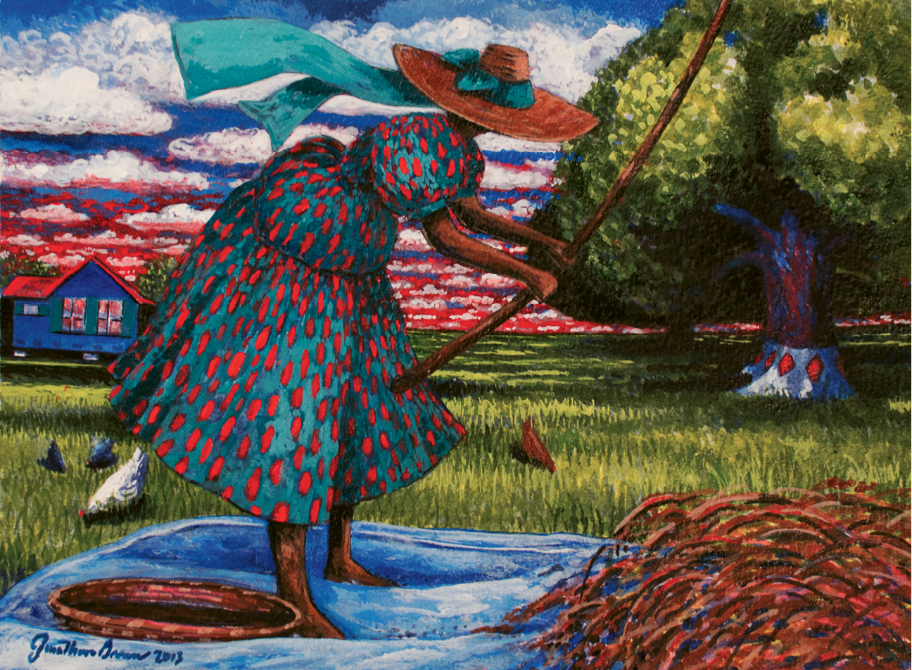 Hulling Home Rice (acrylic on watercolor, 11 X 14 1/2 inches, 2012)