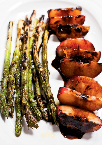 Grill Master: Plums—all the more sweeter when grilled—counter the earthy asparagus and sharp balsamic vinegar drizzled over the dish. Prefer a traditional meal with an appetizer? Serve this as an opener.