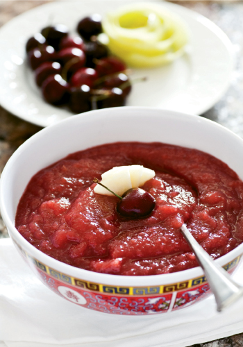 Smooth Operator: With its vivid red color, sweet taste, and puréed texture, Marc’s cherry applesauce disguises nutritious fruits as fun fare. This side can be made up to three days in advance and refrigerated.