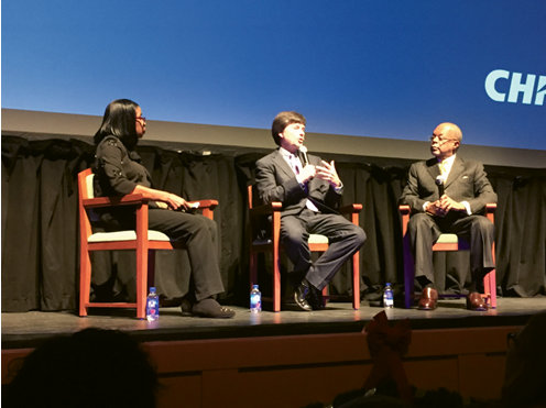 Ken Burns (center) and Henry Louis Gates Jr. at the Gaillard Center for “American Fault Line,” a conversation moderated by Carolina Youth Development director Barbara Kelly Duncan (left) Photograph by Stephanie Hunt