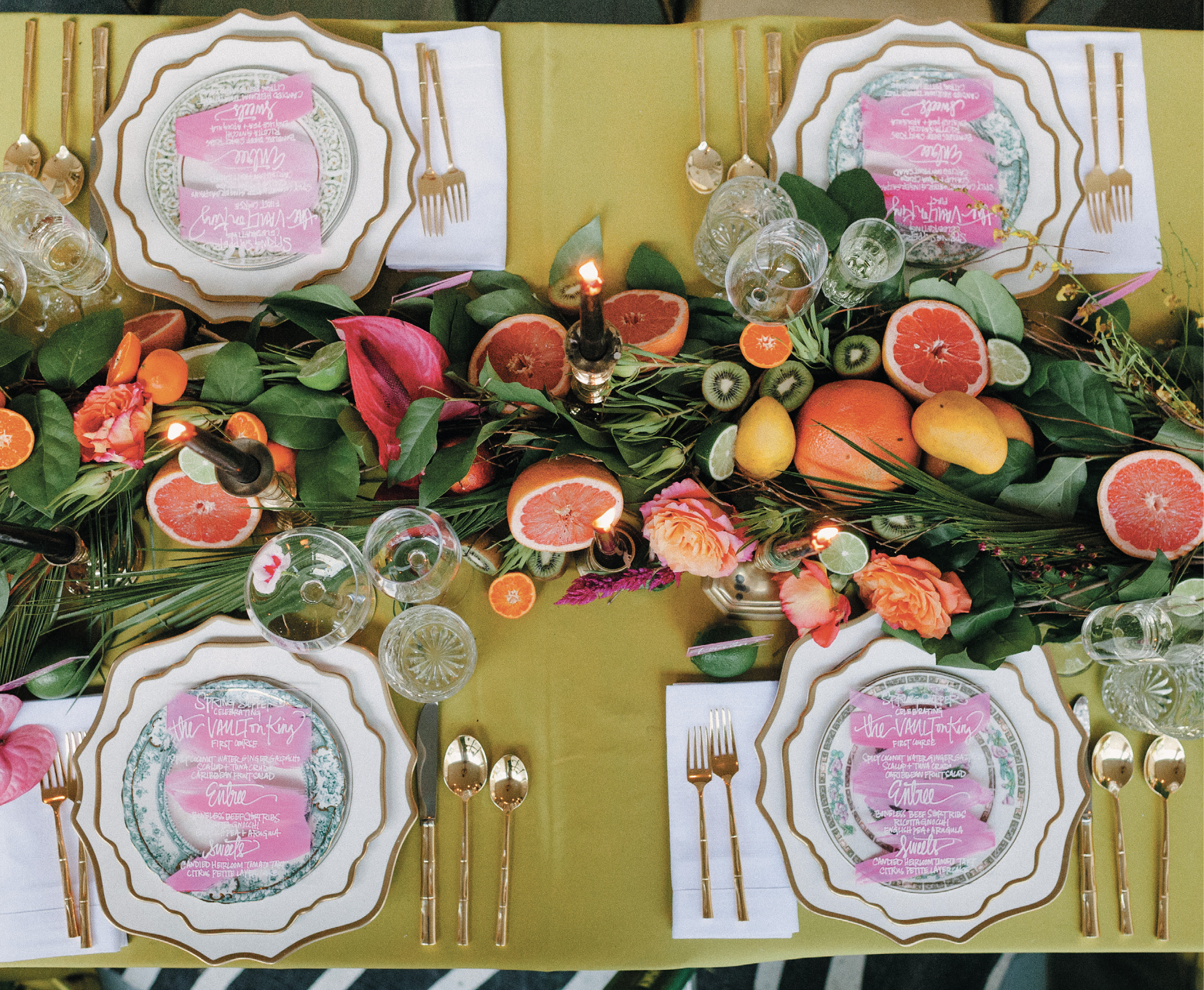 Citrus and tropical edibles appeared everywhere, from the luscious table runner...