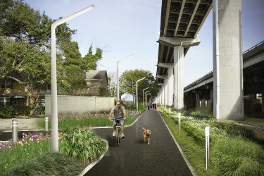 Linear Thinking: Where many see blight, Lindsey sees potential for urban parks and green space, as he designed here for the Charleston Lowline, a proposed linear park along abandoned railways under I-26 that’s being championed by Mike Messner and the Speedwell Foundation.