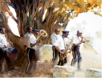 For Pilgrimage, Whyte hired a funeral band in Overton, Florida, to perform at a cemetery (watercolor on paper, 39 by 48 inches, 2009). Opposite page: Hull, wooden boat builder, Bayou La Batre, Alabama, watercolor on paper, 37 by 29 inches, 2008