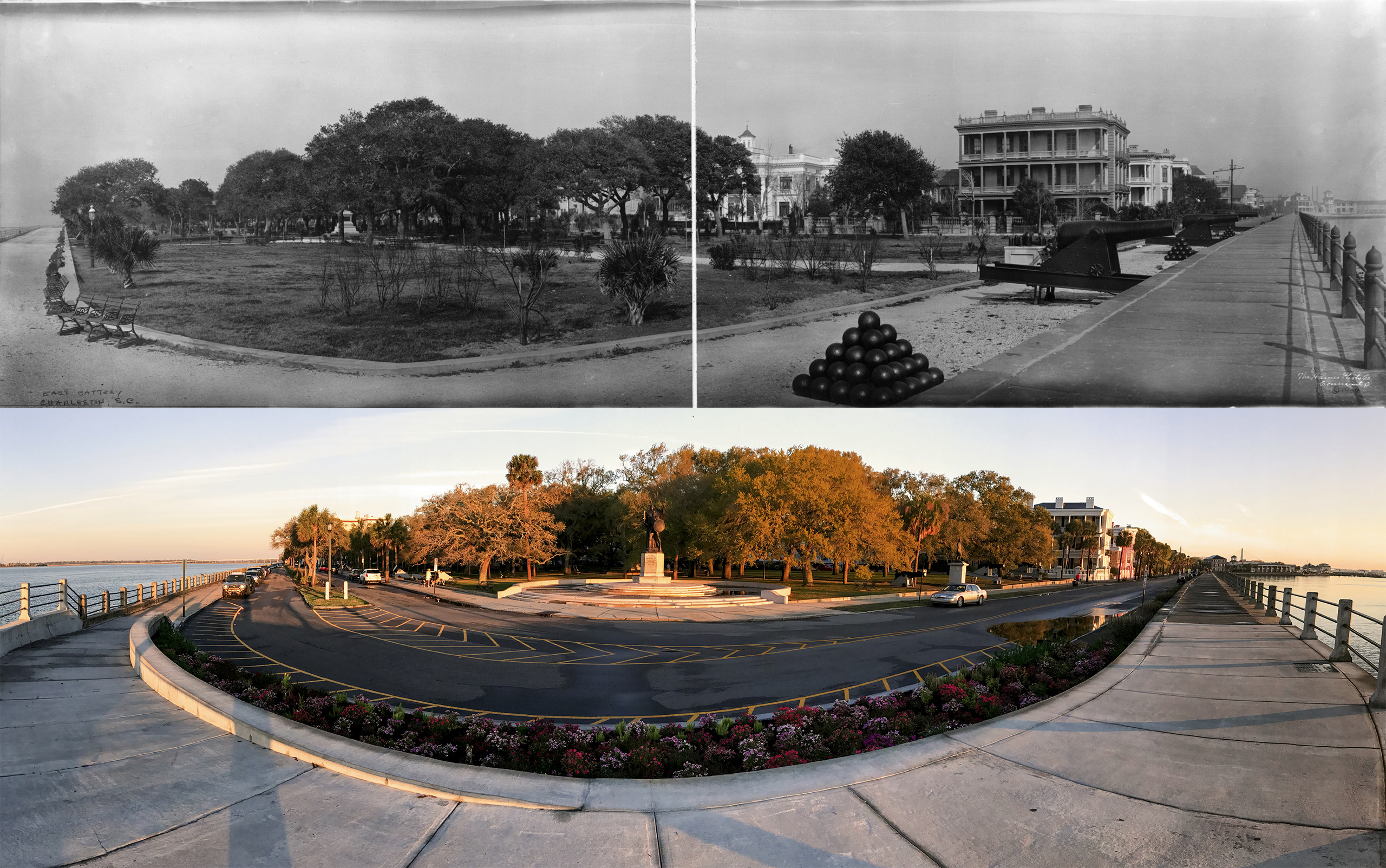THE BATTERY: The trees in White Point Garden, which was planned by the city in 1837 as a public park, are taller now than in 1909 and block the view of the Villa Margherita on South Battery, which then still had a cupola. There are more monuments, most noticeably the colossal bronze statue dedicated to the Confederate Defenders of Charleston in 1932. The multi-piazza mansion built by Louis DeSaussure in 1858 still commands the waterfront; the heavy guns left from the Civil War-era Battery Ramsay remain peacefully at rest.