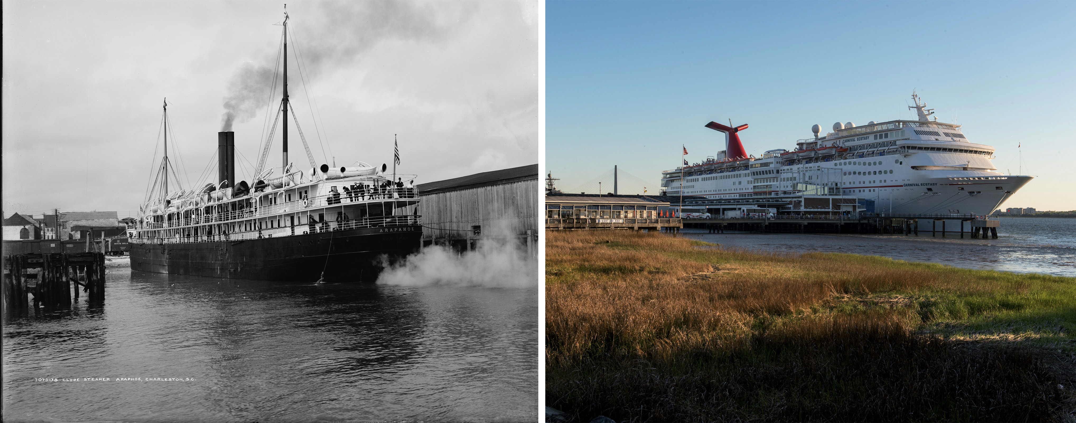 WATERFRONT: Passenger ships regularly called on Charleston in the early 20th century. A far cry from the massive cruise liners that visit today, the Clyde Steamship Lines’ S.S. Arapahoe (at left) illustrates what was then considered “top-of-the-line.”