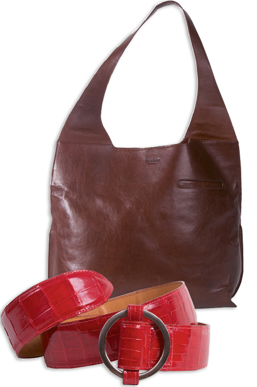 The vachetta leather &quot;Lizzie Hobo&quot; ($995) and a women’s alligator belt ($995)