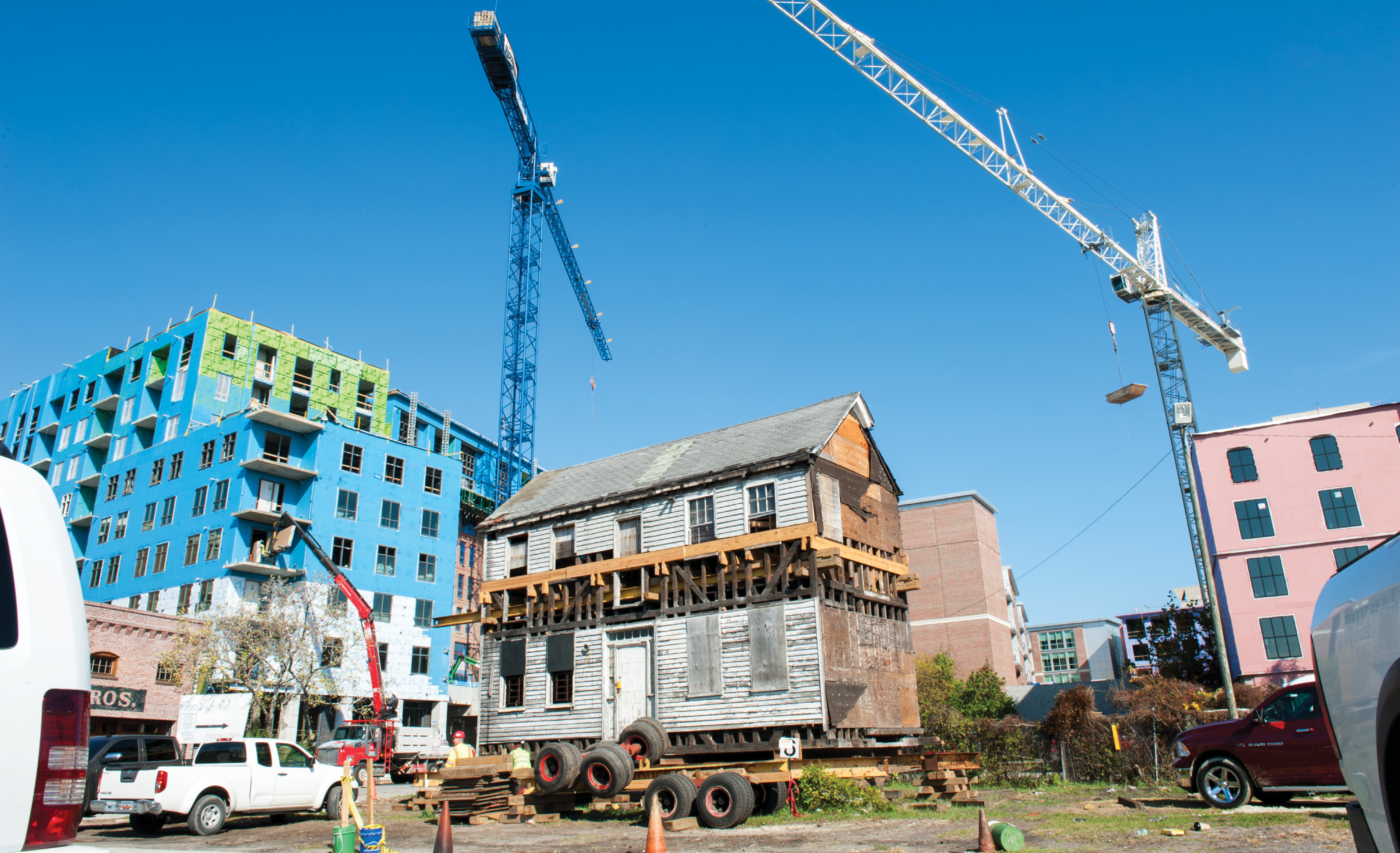 Last fall, this circa-1840 house on Woolfe Street was readied to move several blocks east of Meeting Street to make way for a new apartment complex and a 162-room hotel. A local contractor will restore the structure on Amherst Street.