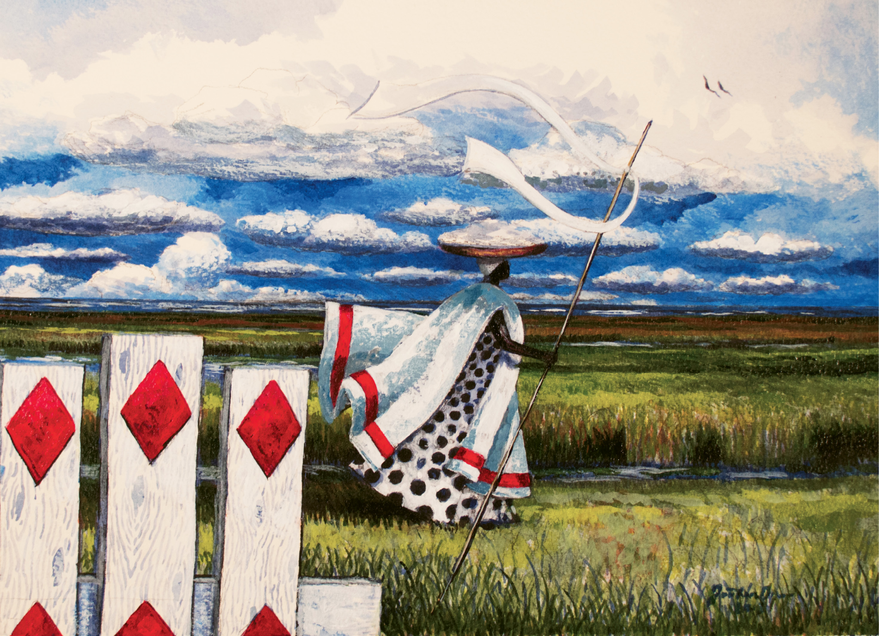 Strolling by a Sluice Gate (acrylic on watercolor, 11 X 14 1/2 inches, 2012)