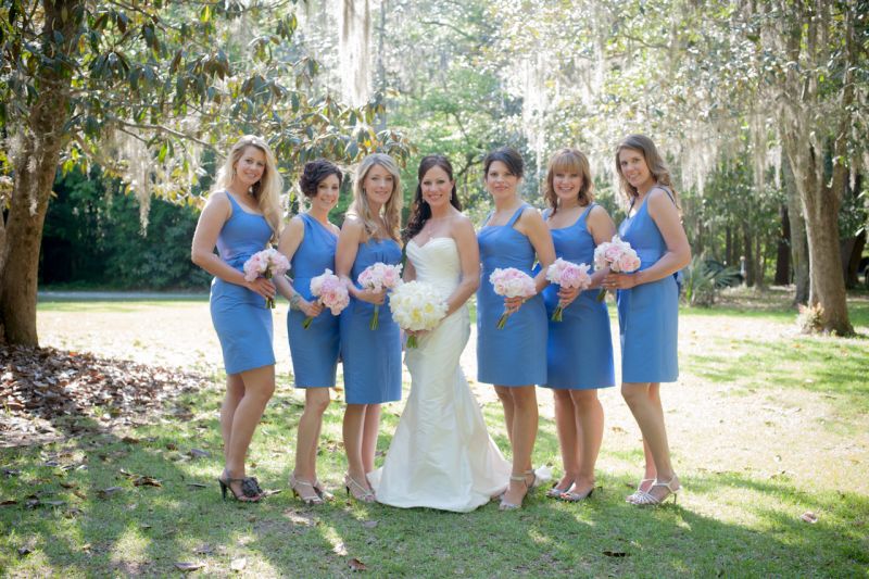 BEST DRESSED: &quot;I loved how the soft pink shades of flowers popped against the dusty blue dresses,&quot; says D&#039;Anne of the bridesmaids&#039; attire.
