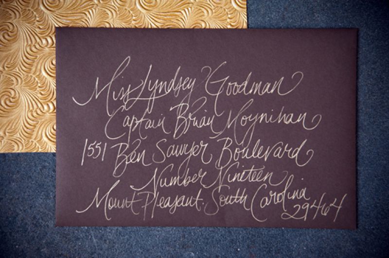 PEN NAMED: Kristin Newman addressed the couple’s invitations in a casual calligraphy Lyndsey describes as “unique and beautiful.” The chocolate brown