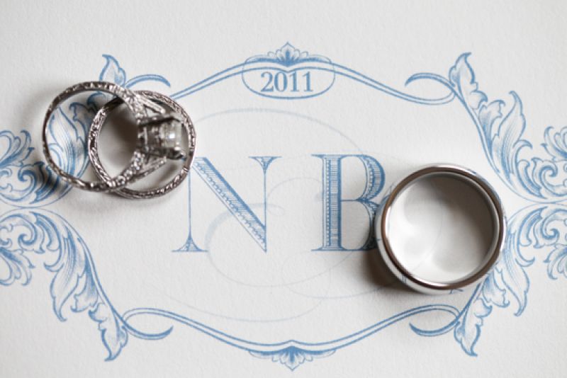 WITH THIS RING: Scotti Cline created the wedding monogram, which the couple used as an accent on the invitations and cake. One of Nikki’s favorite touches? “My favorite part of the lighting in the tent was our custom-made monogram spotlight that shown on the black-and-white-checkered dance floor.”