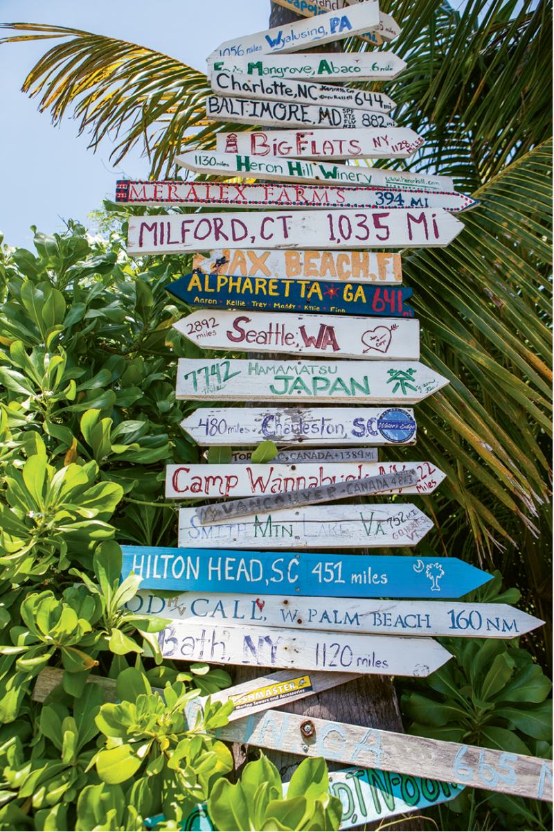 Visitors from around the world attach signs for their own hometowns to posts around the island.