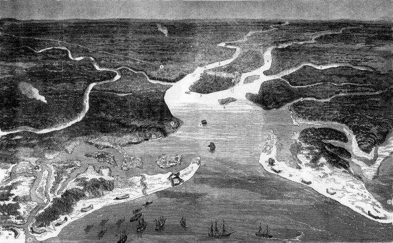 A Harper’s Weekly engraving, published in 1863, shows troop locations during the siege of Fort Wagner by, among others, the Massachusetts 54th Infantry.