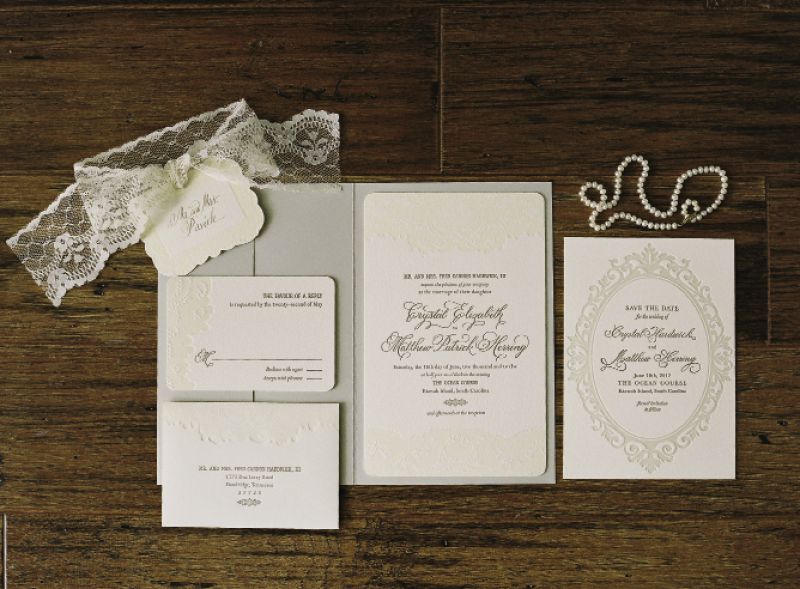 SOMETHING OLD: Lettered Olive incorporated the lace pattern from Crystal&#039;s mother&#039;s veil into the stationery suite.