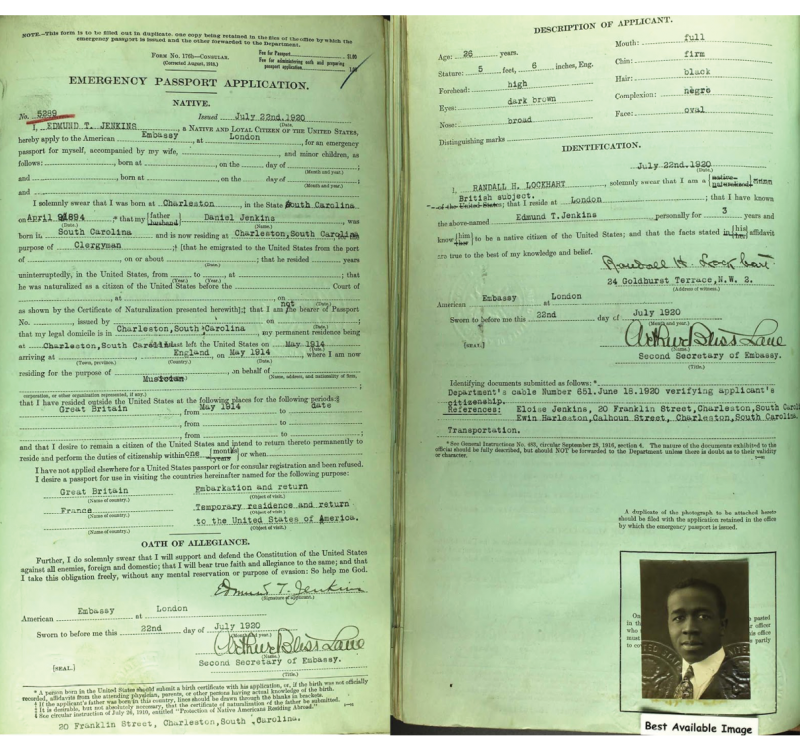Jenkins’s 1920 passport allowed him to travel to Paris