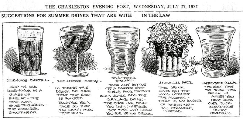 More than a year into Prohibition, readers of The Charleston Evening Post no doubt appreciated cartoonist Rube Goldberg’s “mocktail” commentary on legal drinks.