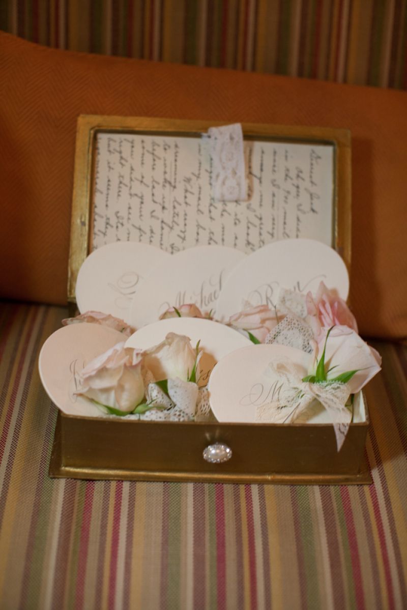 SPECIAL DELIVERY: Crystal fell in love with the vintage wedding box she stumbled across on Etsy.com and ended up using it to transport the groom and groomsmen’s pink garden rose boutonnieres.