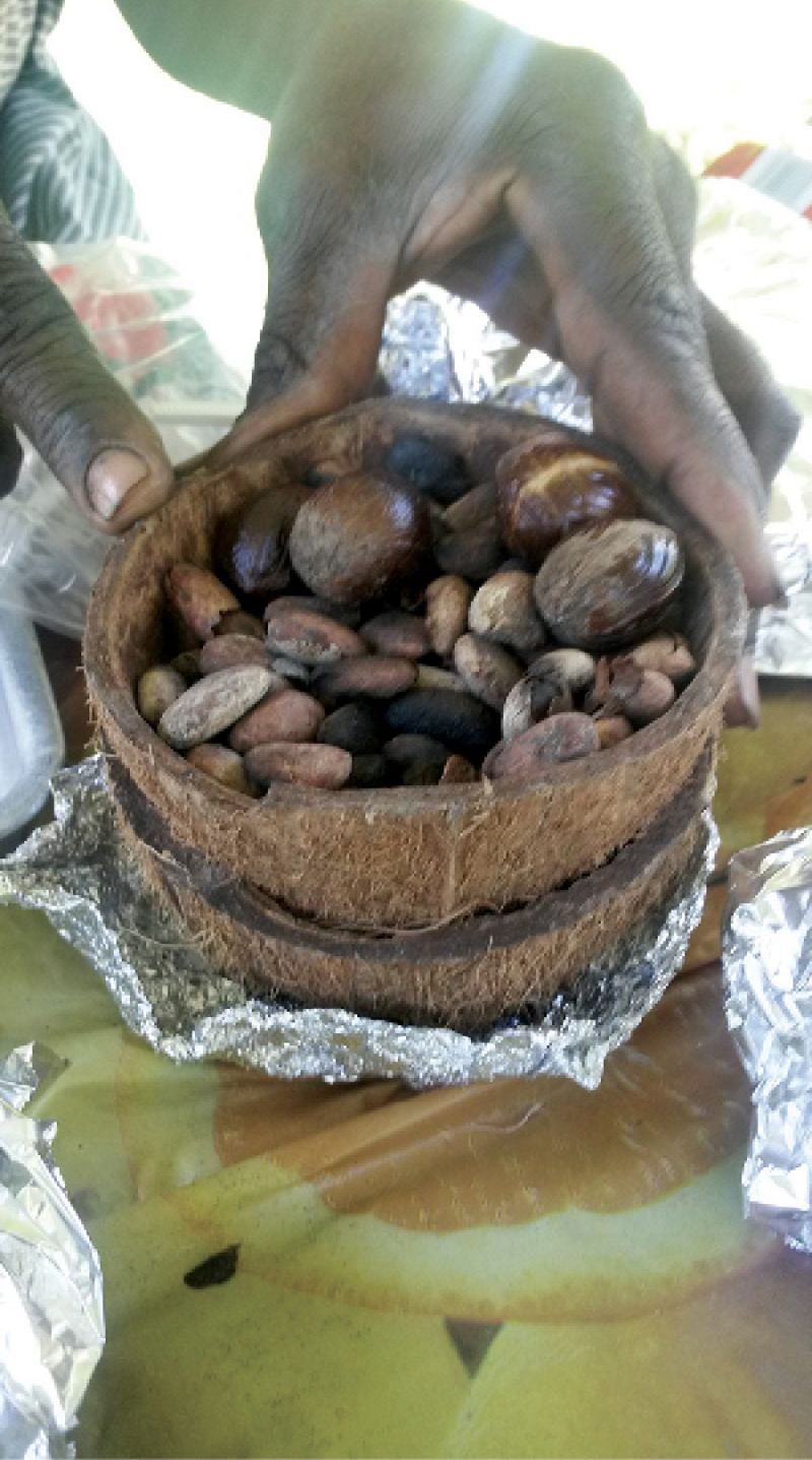 Prepping nutmeg and raw cacao to make a sweet called “coconut tablet.”