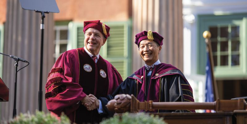 Board of Trustees Chair David Hay (CofC class of 1981) with President Hsu during his inauguration ceremony in October 2019