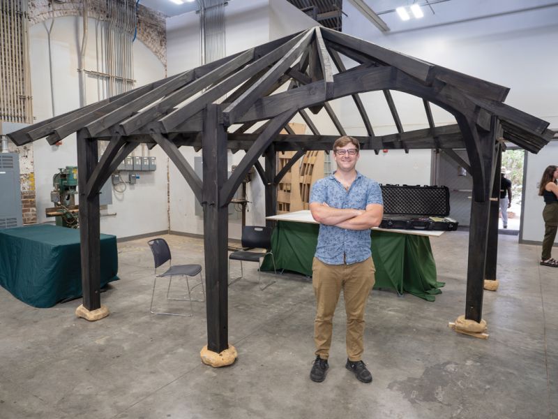 A timber-frame structure featuring curved compound elements by Adam Infinger.