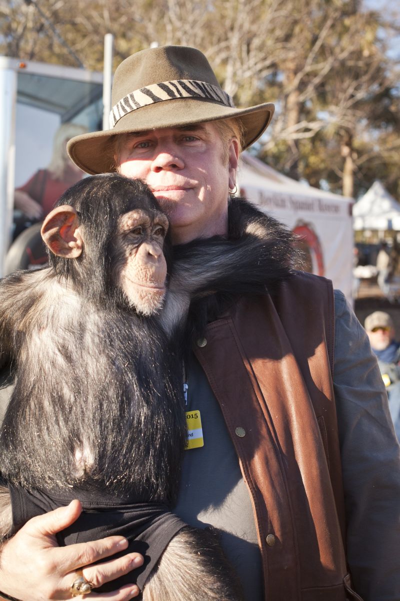 Sugriva the Chimpanzee hangs tight to handler Doc Altme.
