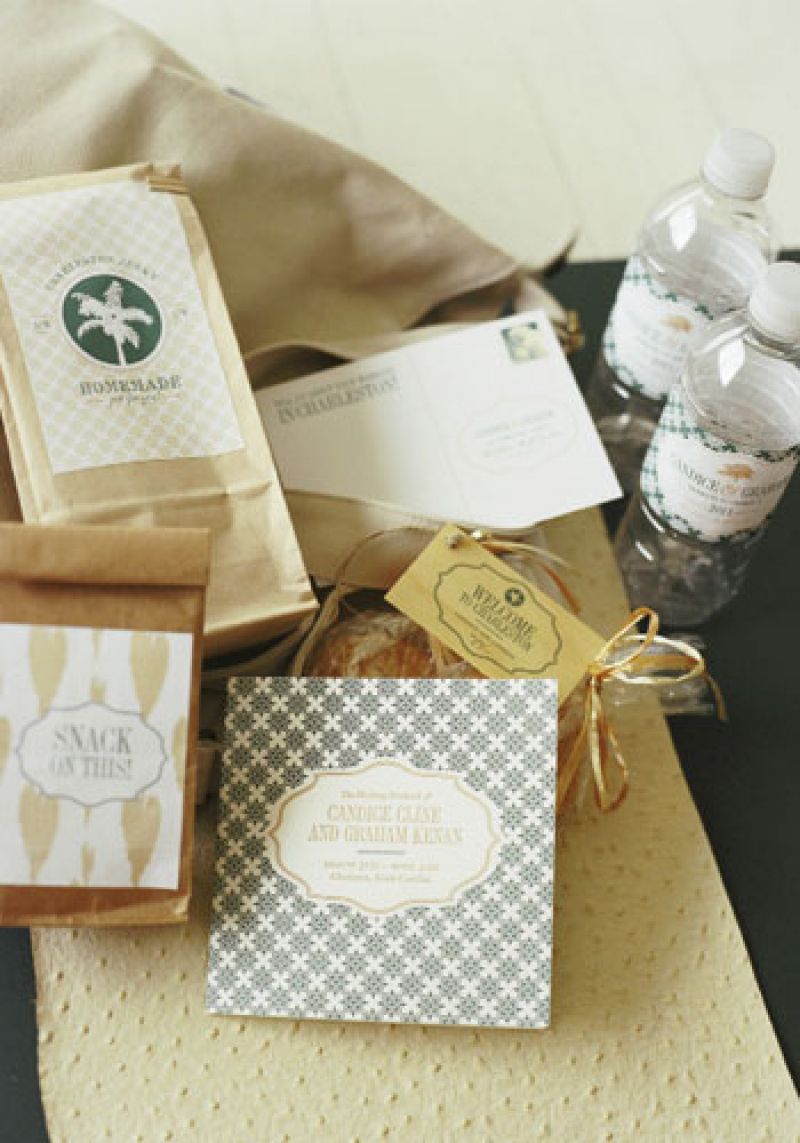 Snack on This:  Guests were welcomed with treats that included bags of hand-roasted nuts and local sweets sporting labels designed by The Lettered Olive in colors and patterns from the wedding’s invitation suite.