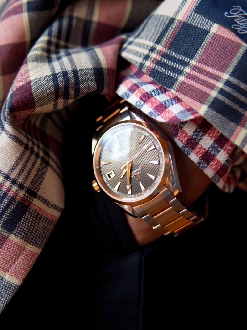 TIME OF YOUR LIFE: OMEGA’s Seamaster Aqua Terra watch in 18K rose gold and stainless steel from Kiawah Fine Jewelry.
