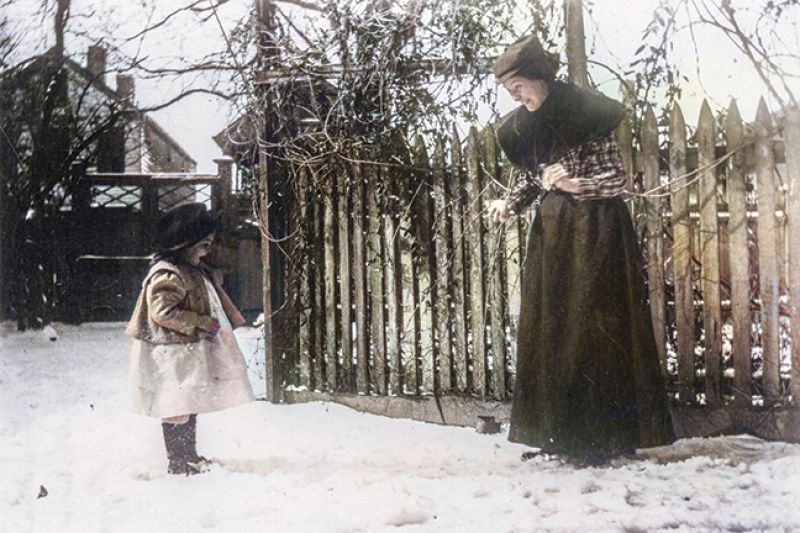 First Snowfall for Frances, circa 1899, by Franklin Frost Sams Little Frances plays in the snow with mom, Lizzie, in their yard on New Street.