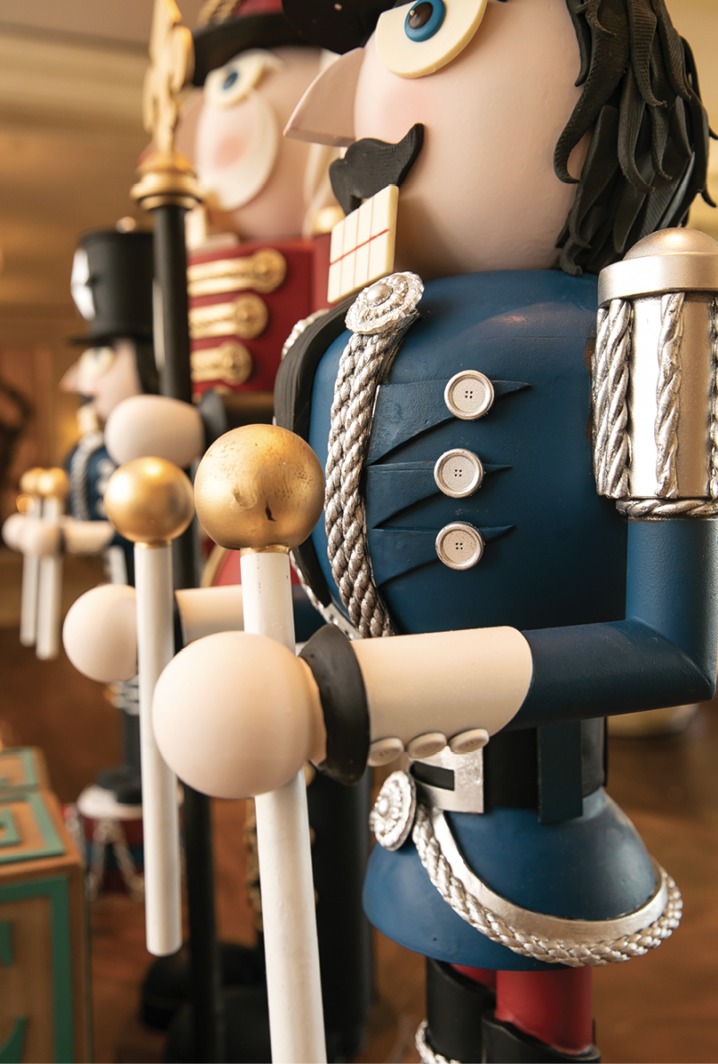 Human-sized nutcrackers fashioned completely of chocolate at The Sanctuary at Kiawah Island Golf Resort (this year’s confection will be a train bound for the North Pole).