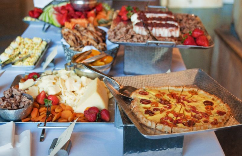 Guests nibbled on cheeses, fruit, and quiche from Hamby Catering.