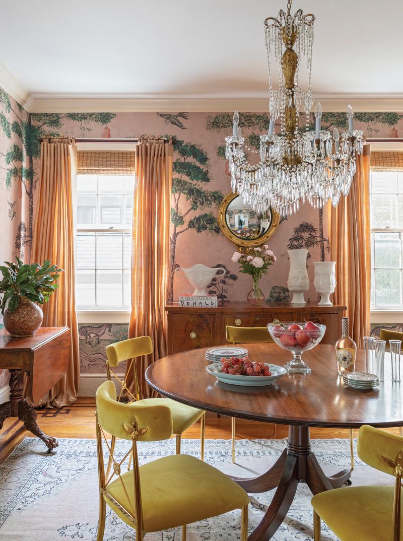 Fantasyland: “The idea for the dining room was to create a small jewel box at the heart of the house,” says designer Alaina Michelle Ralph of this magical space in the 1920s colonial home she renovated for the daughter of a former client. The room’s centerpiece, an antique crystal chandelier, adds jeweled luxury, while the whimsical “Mythical Land” wallpaper by Andrew Martin creates a fantastical atmosphere.