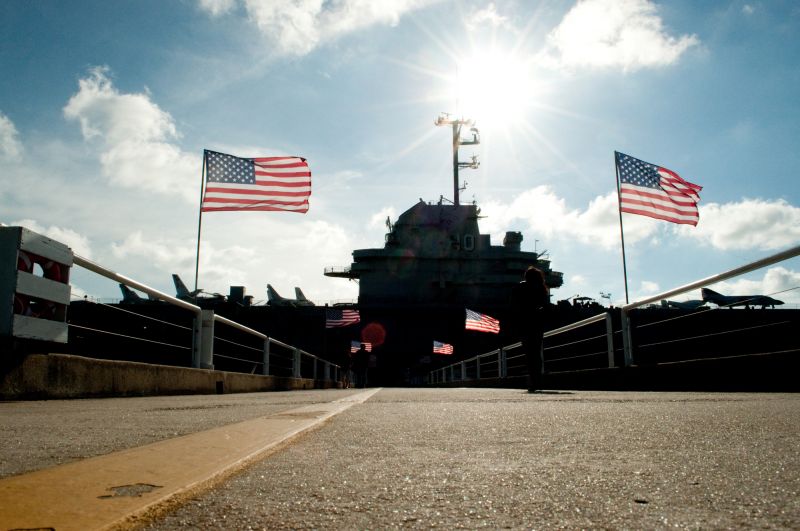 American flags lined the entrance to the USS Yorktown.
