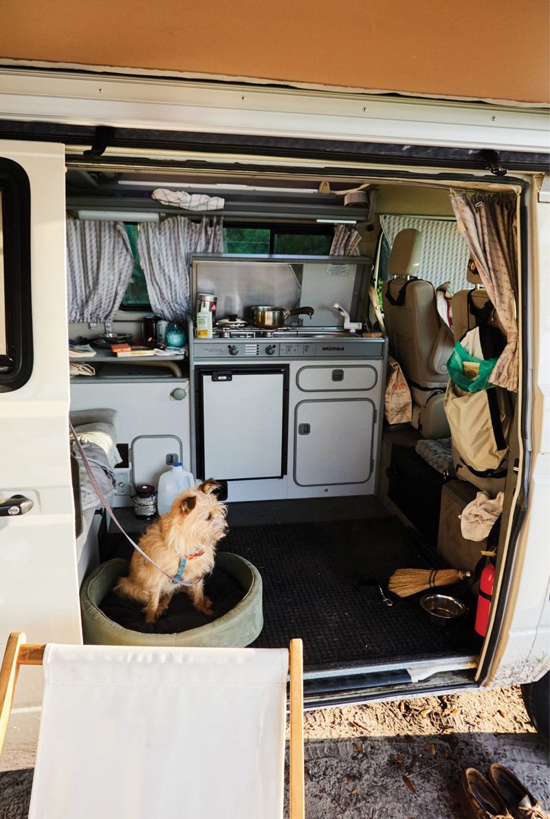 Everything has its place in the camper van (including Felix).