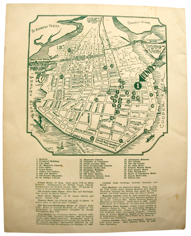 A promotional map of the city’s sites and institutions features a prominent arrow pointing to the legendary Charleston eatery, located on Market Street.