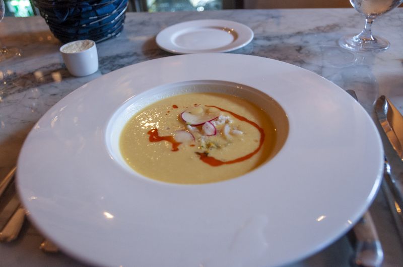 Big Chef Robyn Guisto of Halls Signature Events and Little Chef Abraham Aguilera’s chilled corn and coconut bisque with lobster tails and corn shoots.