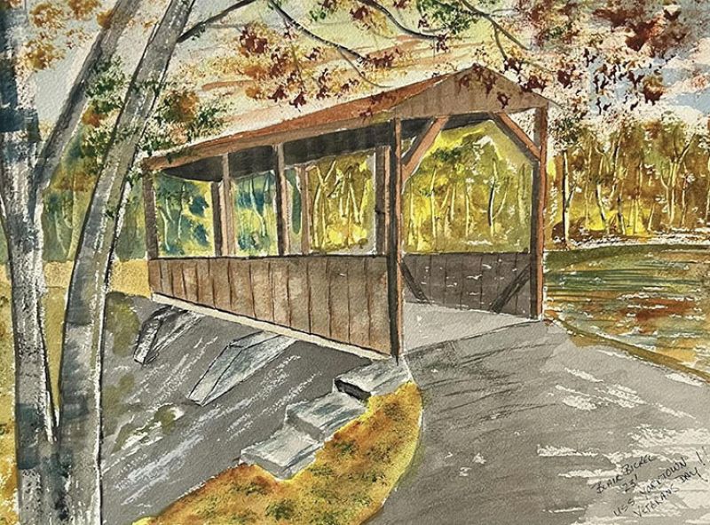 Veteran student Blair Bickel painted this watercolor, Covered Bridge, at last year’s event; proceeds from the sale of this and the following work were donated to the foundation.