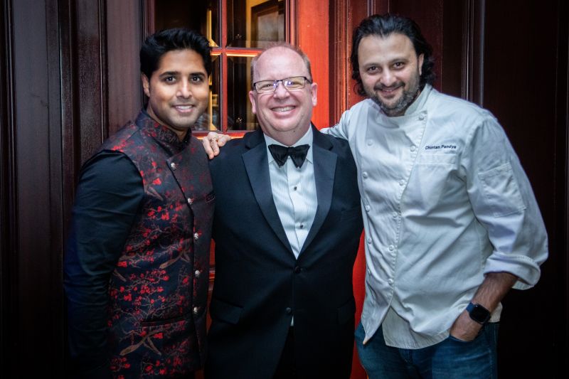Restaurateur Roni Mazumdar, The Sanctuary manager Bill Lacey,  and chef Chintan Pandya posed for a photo.