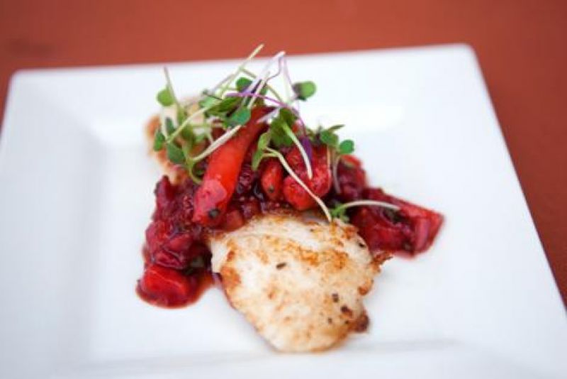 Pan-seared lion fish with balsamic strawberry relish from Fleet Landing
